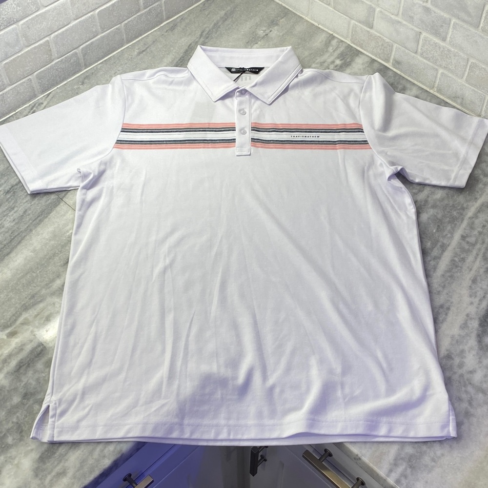 Travis Mathew Men's Polo Shirt with Salmon and Gray Stripes